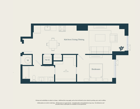 Floor plan for 1 bed, 1 bath, 764 sqft
